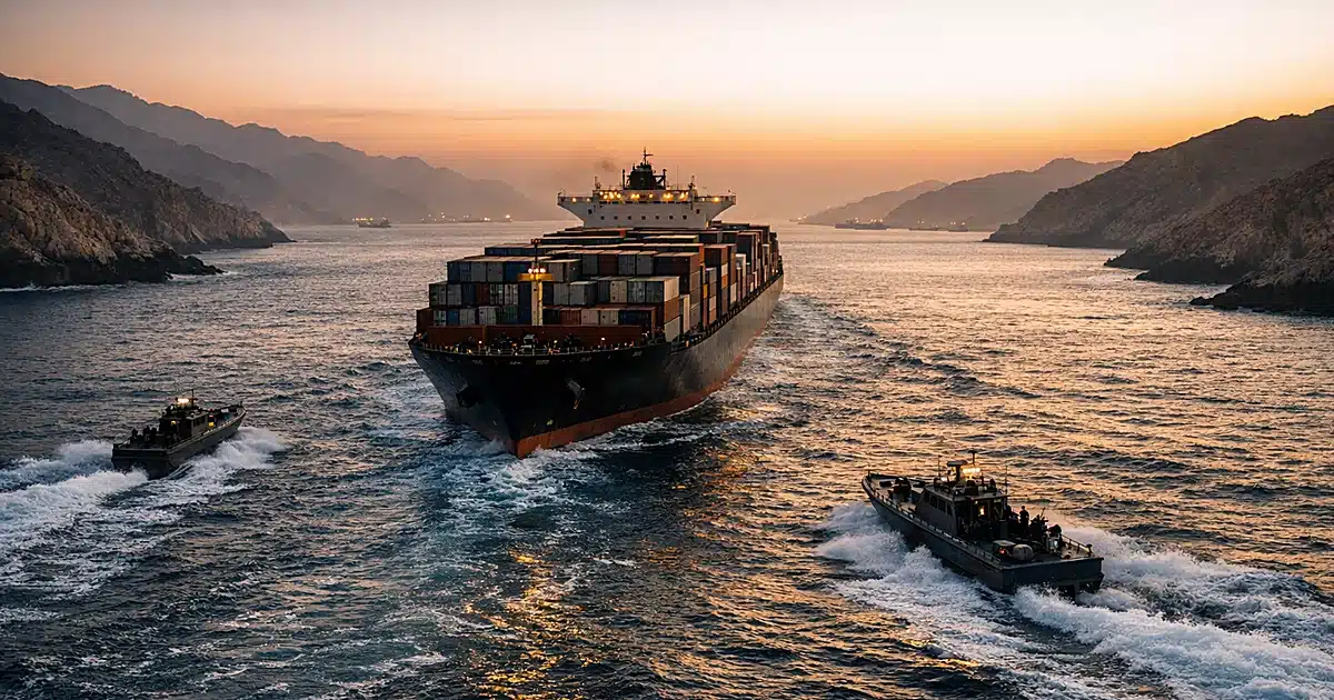 Container ship transiting narrow strait flanked by patrol boats at dusk with rocky coastlines on both sides