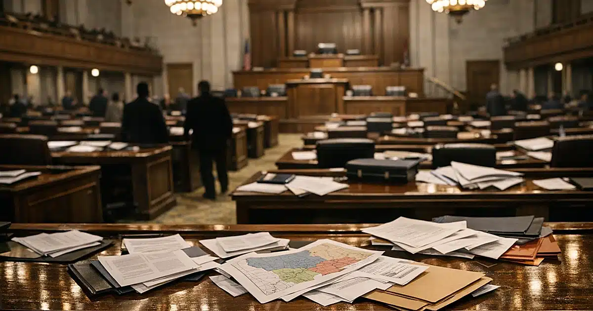Empty legislative chamber with scattered papers on desks and dramatic overhead lighting