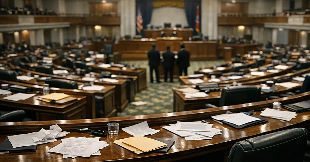 Empty legislative chamber with curved desk rows and scattered papers suggesting recent rapid legislative activity