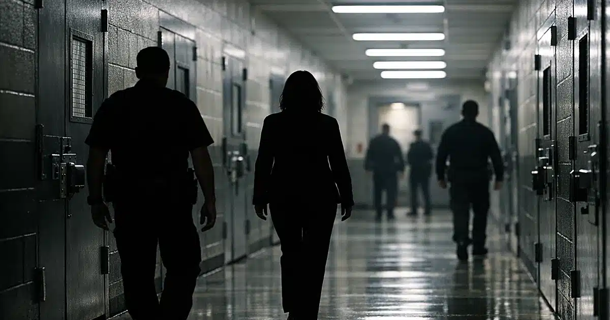 Detention facility corridor with silhouetted figures and institutional steel doors under fluorescent lighting