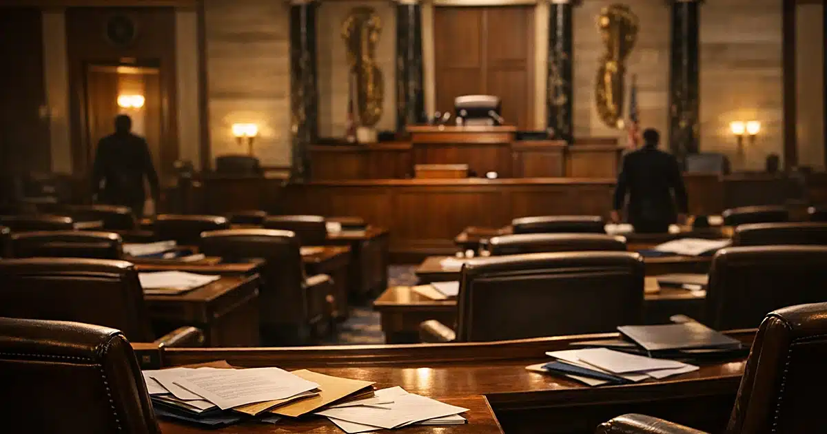 Empty congressional chamber with scattered papers on desks at dusk with warm lighting