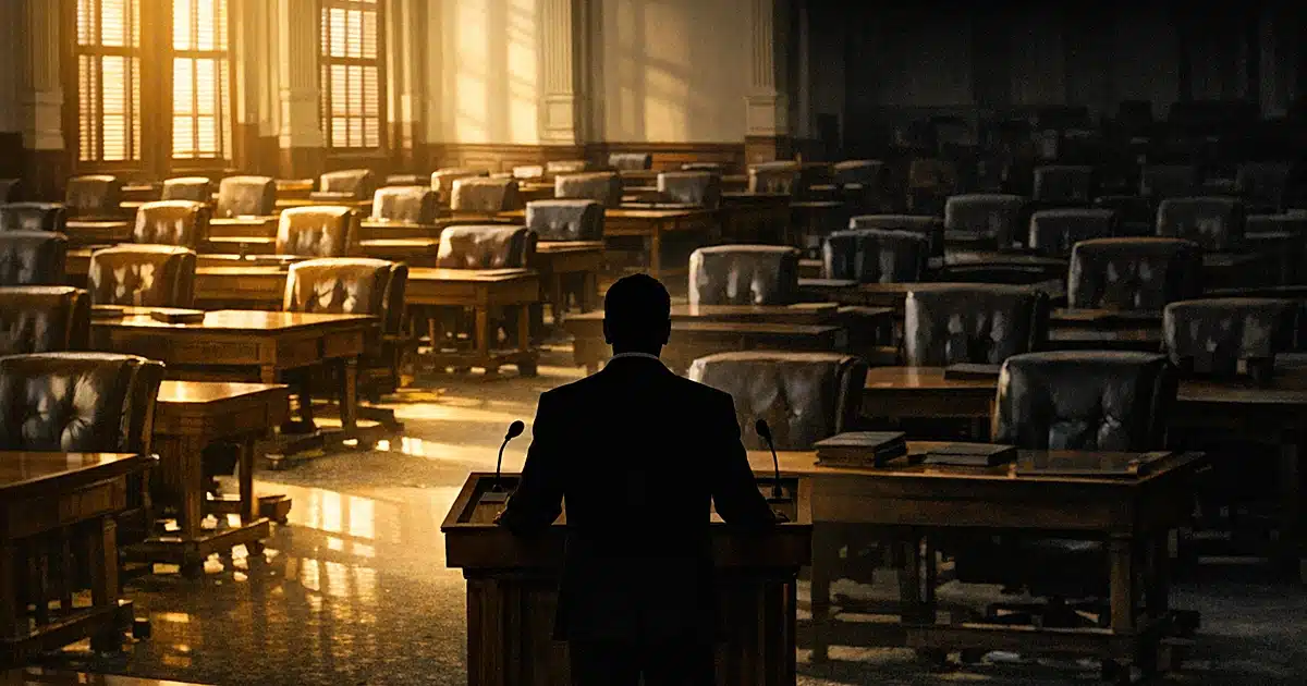 Empty legislative chamber with silhouetted figure at podium facing vacant desks, half in light and half in shadow