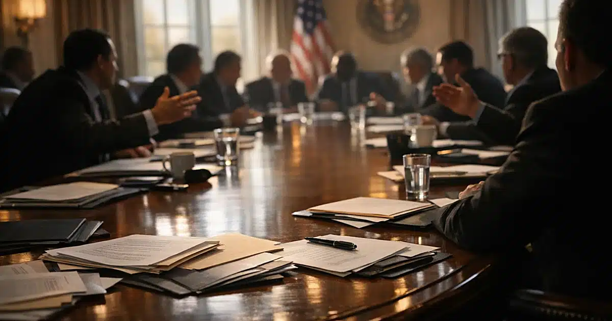 Silhouetted figures around cabinet meeting table with scattered documents in dramatic window light
