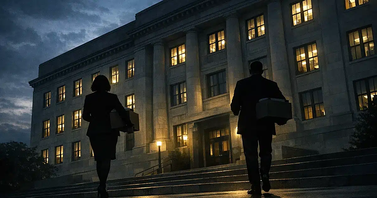 Two silhouetted figures carrying boxes walk away from an illuminated government building at dusk