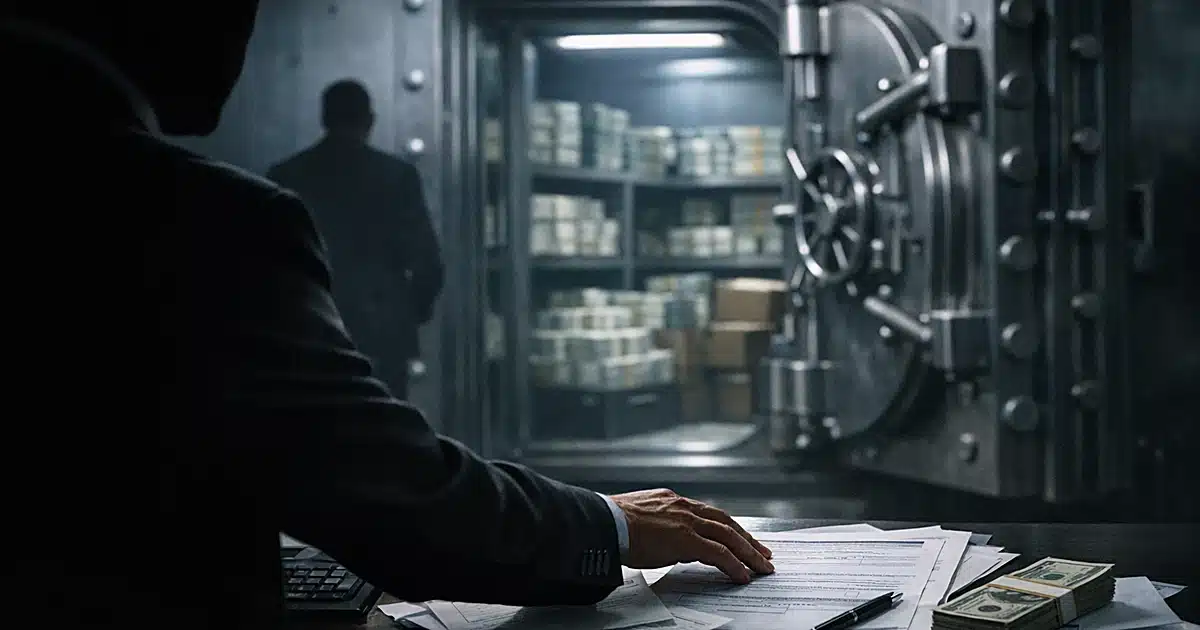 Treasury vault door open with financial documents scattered on desk as silhouetted figure reaches forward