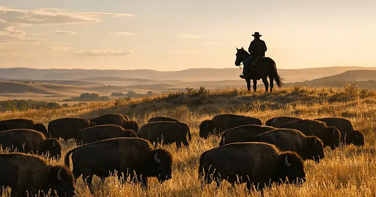 Bison herd grazing on Montana grasslands with rancher silhouette observing from ridge at sunset