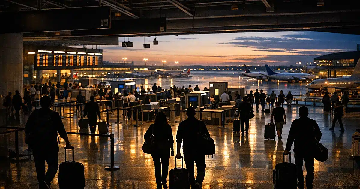 Airport international departures terminal with silhouetted travelers moving through checkpoints toward gates at dusk