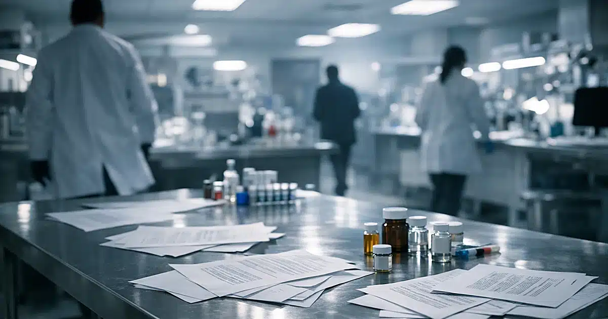 Interior of FDA laboratory with documents on steel tables and silhouetted figures in background