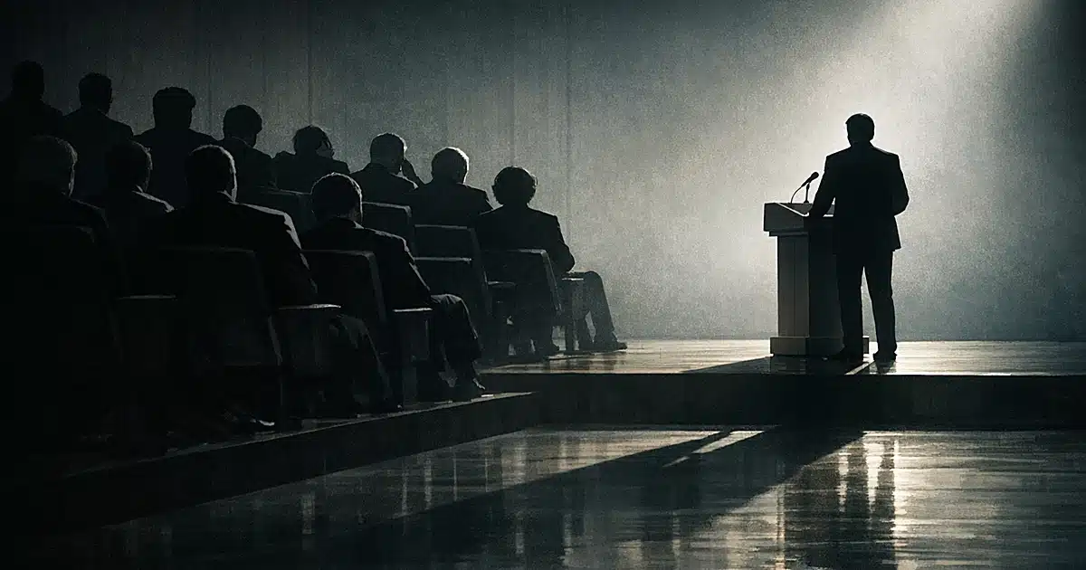 Silhouetted figure at podium separated from group of seated silhouettes turning away in shadowy chamber