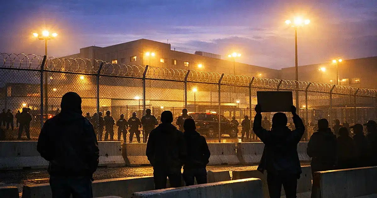Federal detention facility exterior at dusk with security barriers and silhouetted figures in background