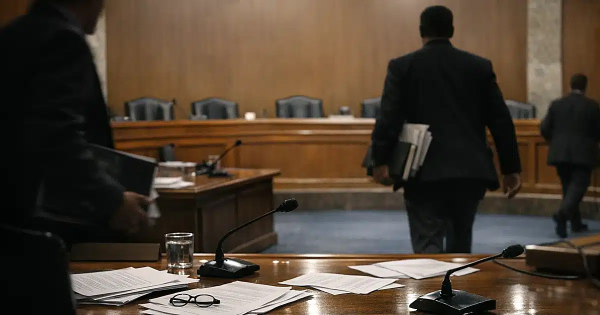 Senate hearing room with committee bench, scattered papers, and silhouetted staffers in motion during proceedings