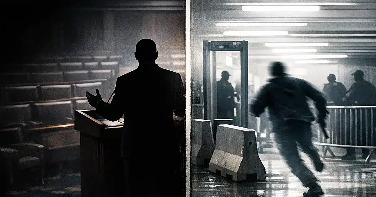 Split scene showing silhouetted speaker at podium and figure approaching security checkpoint with barriers
