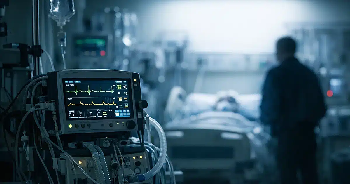 Life support machine with glowing monitors in a dimly lit intensive care unit