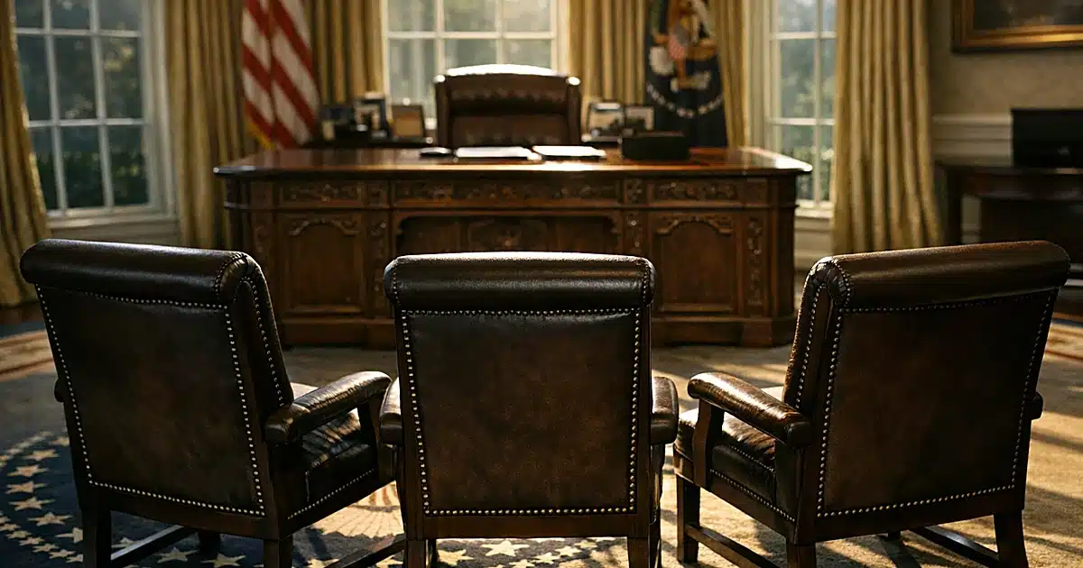 Empty chairs face the Resolute Desk in the Oval Office with afternoon sunlight streaming through windows