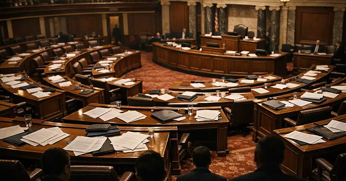 Legislative chamber interior with scattered papers across empty desks suggesting active congressional negotiations