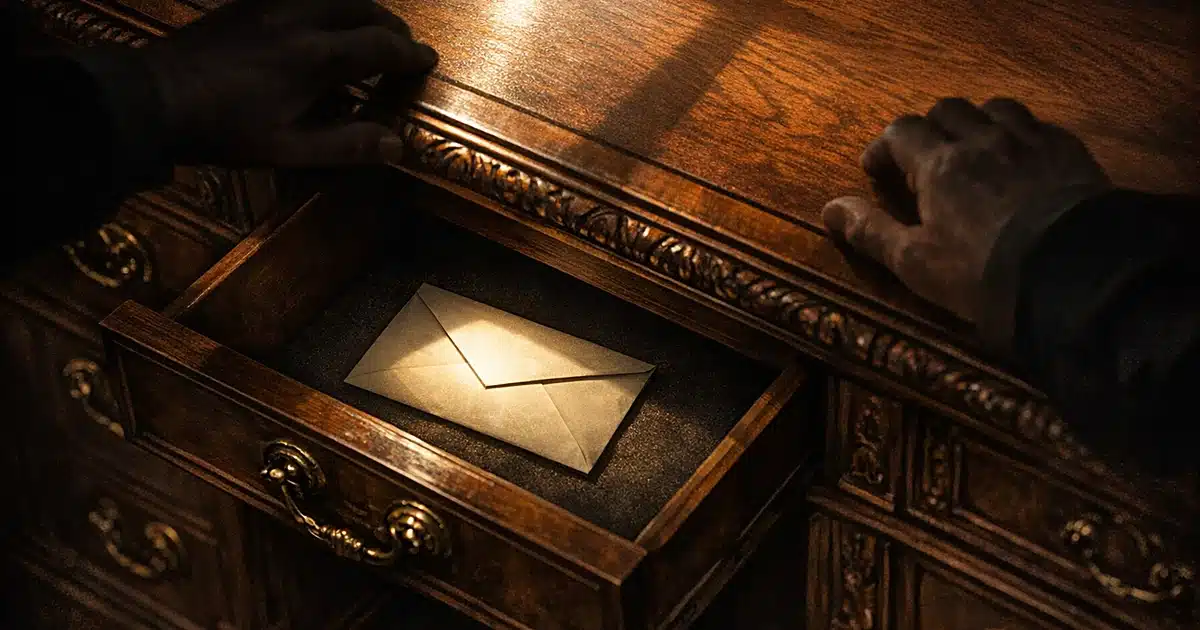 Overhead view of hands opening desk drawer containing a sealed envelope illuminated by window light