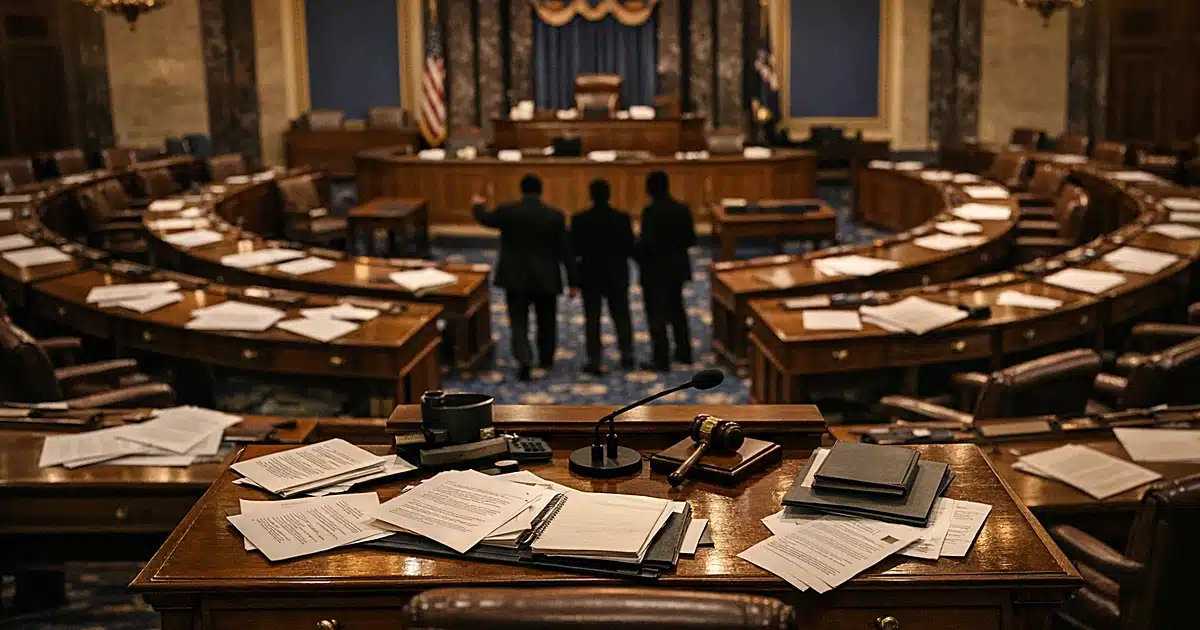 Interior view of Senate chamber with scattered documents on empty desks and ornate wooden furniture