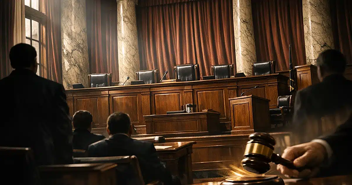 Interior view of empty Supreme Court-style courtroom with silhouetted figures in shadows and dramatic window lighting