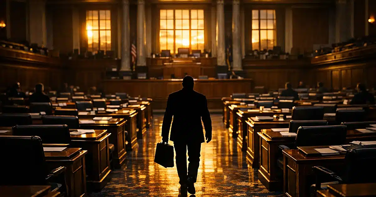 Silhouetted figure walking between two sections of seats in an empty legislative chamber at dusk