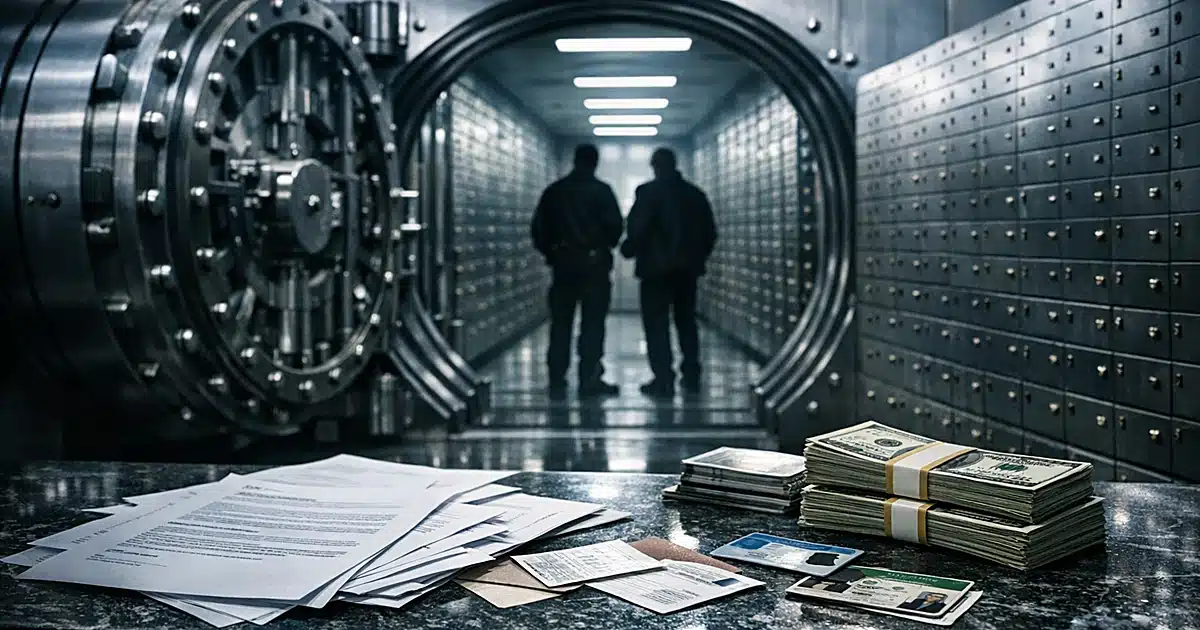 Bank vault interior with open steel door and scattered financial documents on counter in cold institutional lighting
