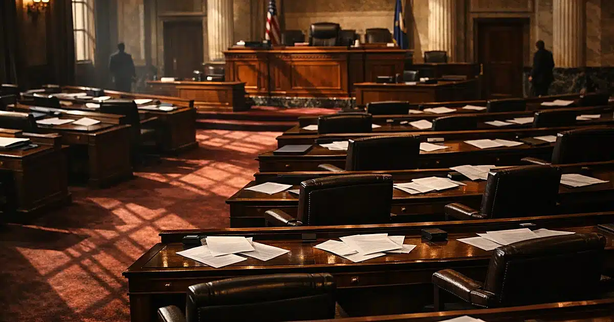 Empty legislative chamber with scattered papers on desks, dramatic side lighting creating shadows across seats