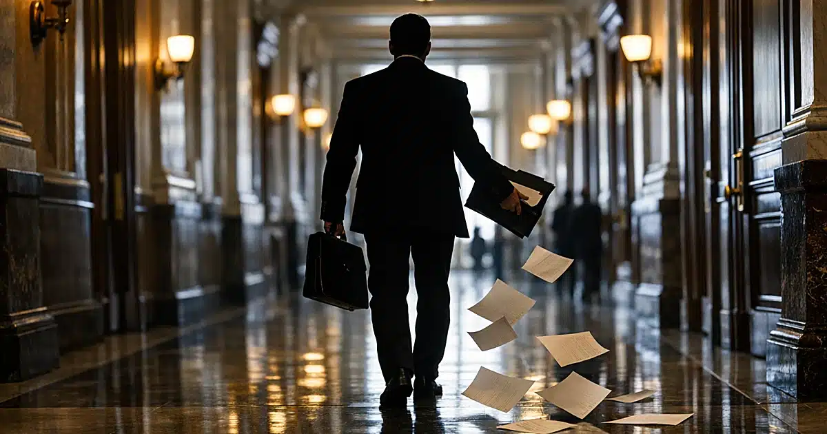 Silhouetted figure walking away down congressional corridor with papers falling from folder