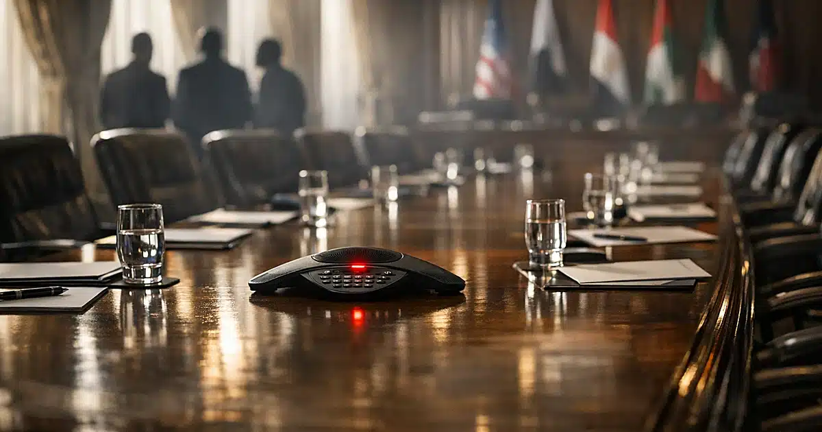 Empty diplomatic conference room with speakerphone on table and vacant chairs after abruptly ended meeting