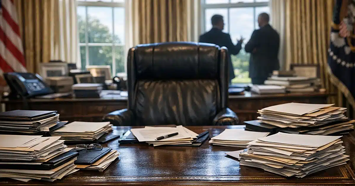 Presidential desk covered with stacks of official pardon documents and folders in natural daylight