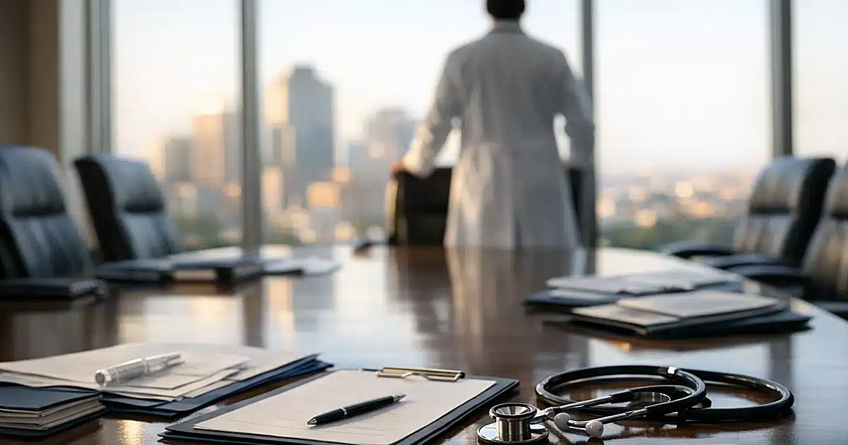 Silhouetted physician in white coat standing at boardroom table with medical documents and city view through windows