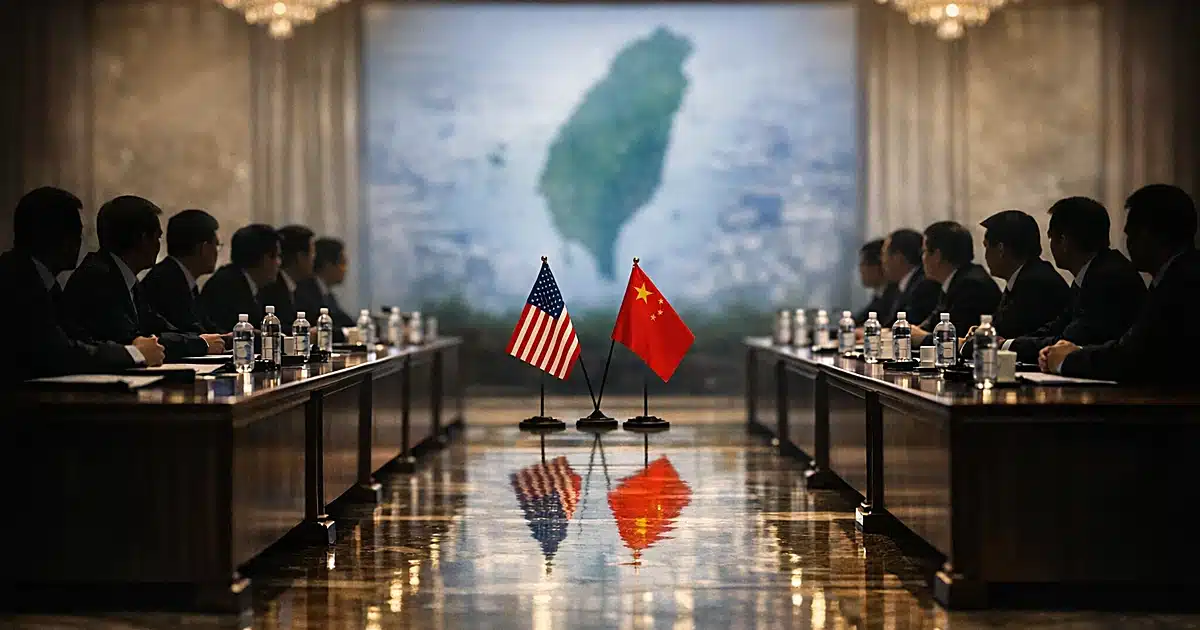 Two opposing conference tables with silhouetted delegations facing each other in a grand diplomatic meeting hall