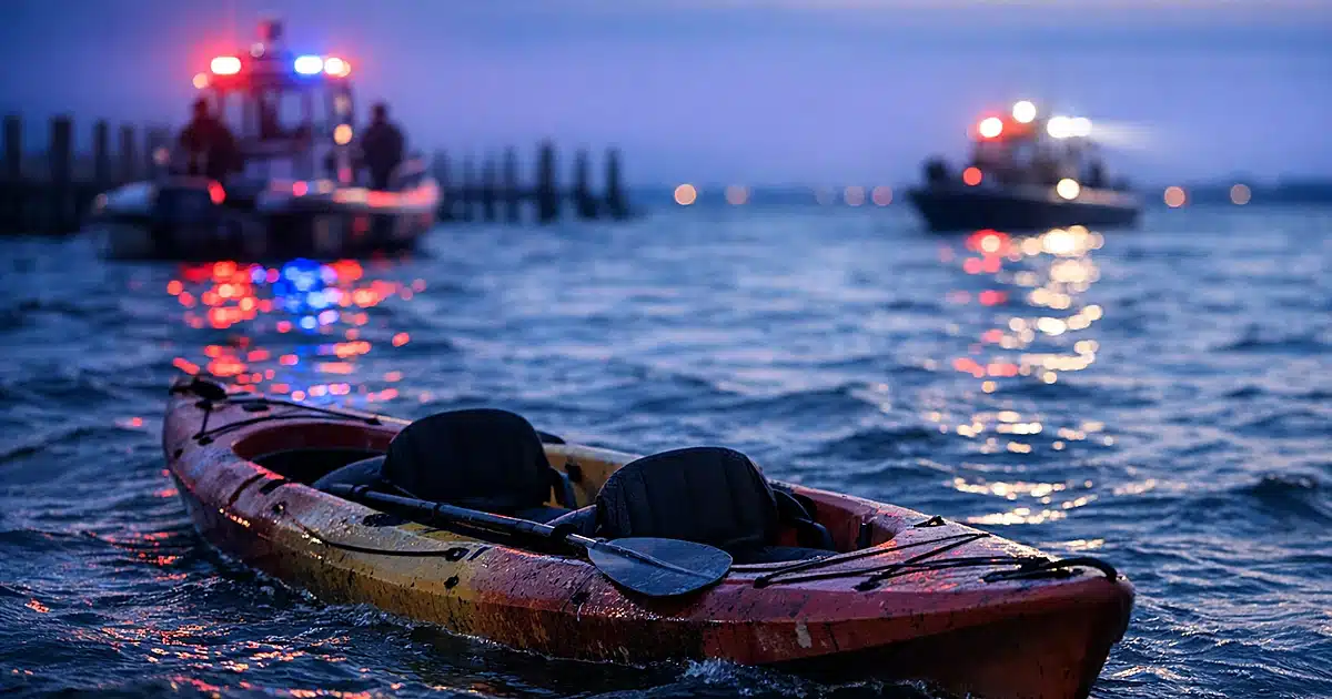 Partially submerged kayak in dark bay water at dusk with emergency lights reflecting on surface