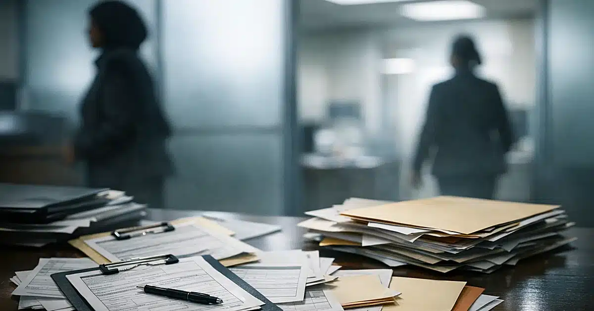 Office desk with scattered medical forms and folders, silhouetted figure visible through frosted glass partition