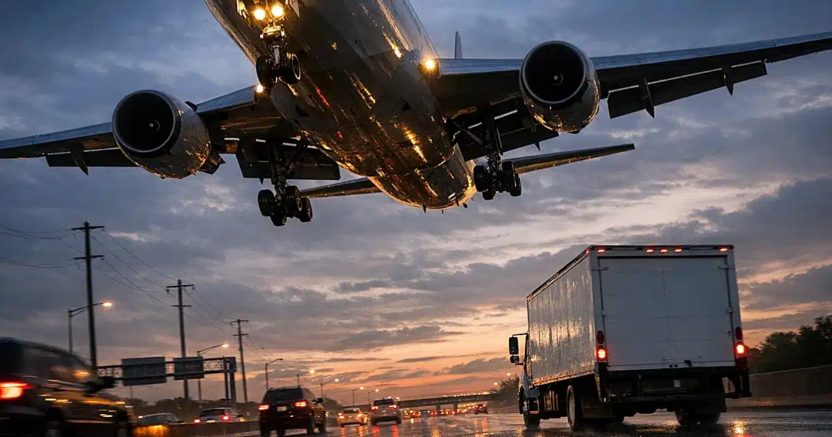 Commercial airliner on final approach flying extremely low over highway traffic with landing gear extended at dusk