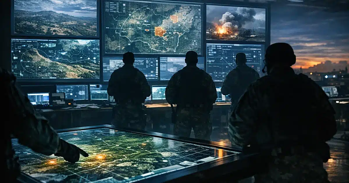 Military operations center with silhouetted personnel monitoring glowing tactical screens and illuminated map displays