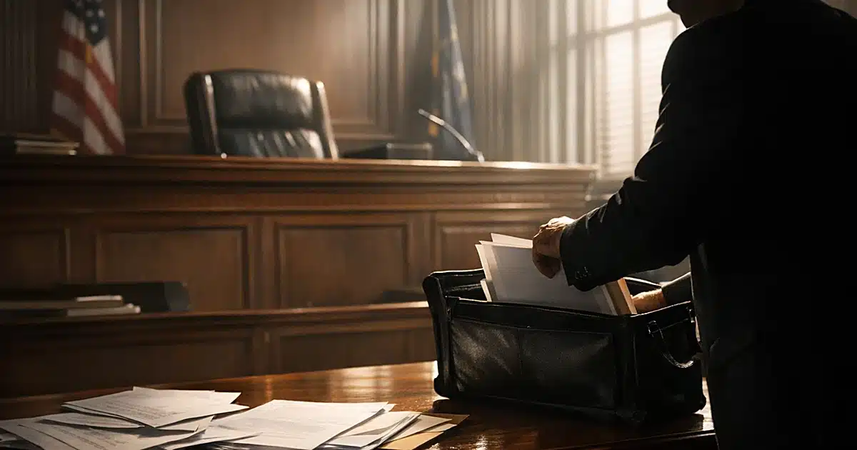 Empty courtroom with judicial bench and silhouetted attorney gathering documents at counsel table