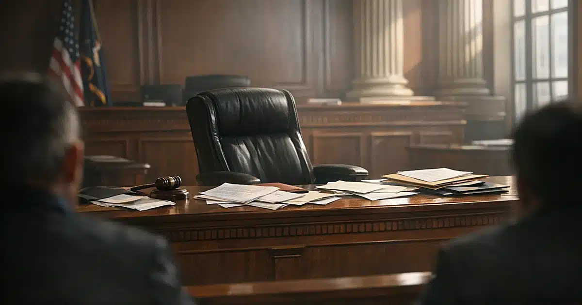 Empty judicial bench with vacant leather chair and scattered documents in Utah courtroom with afternoon light