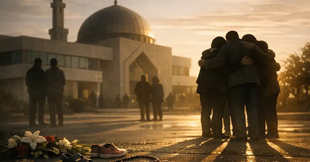 Silhouettes of people embracing outside a domed building with memorial items on the ground in late afternoon light