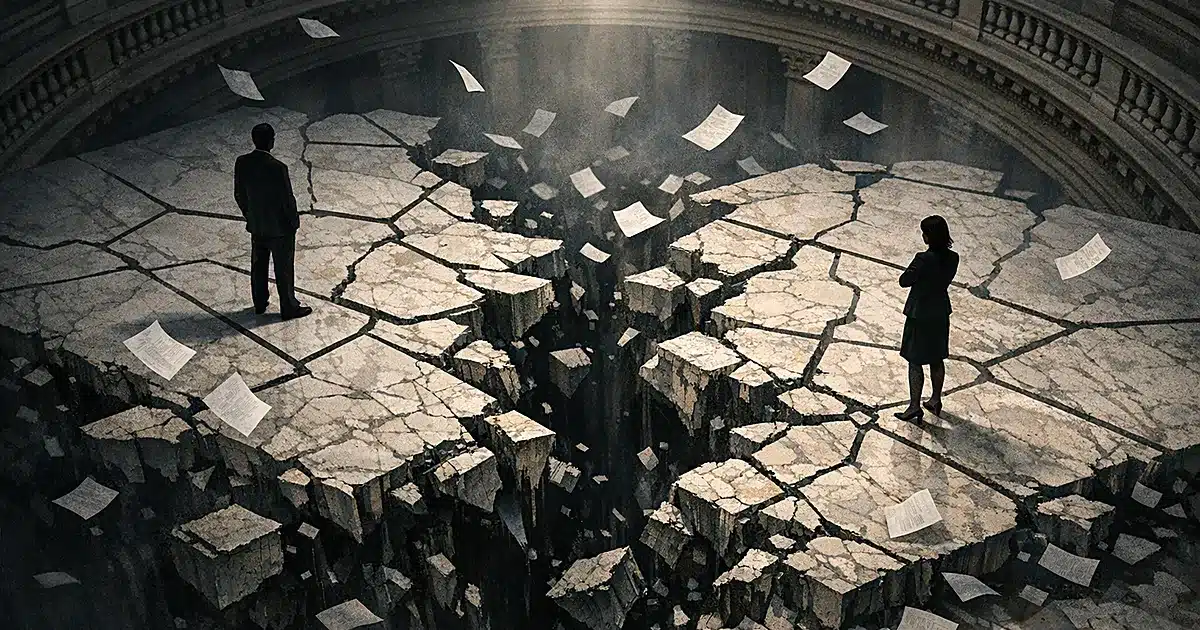 Cracked floor with district map lines breaking apart, silhouetted figures on opposite sides, papers falling