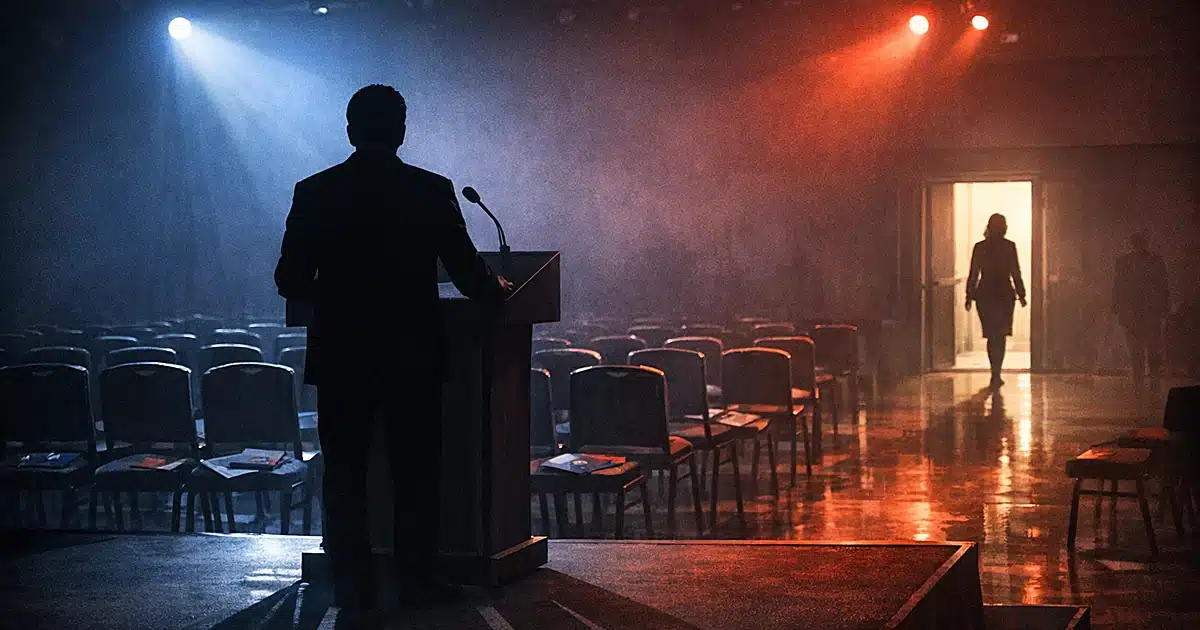 Silhouetted figure at podium in convention hall with empty chairs and dramatic stage lighting