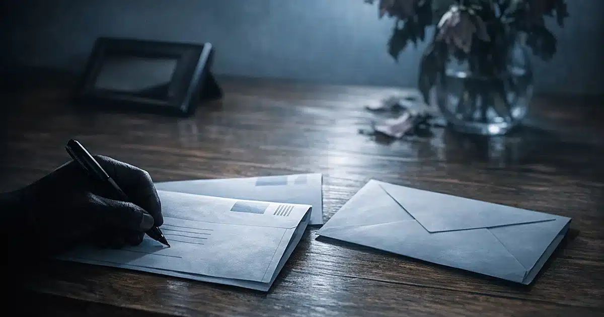 Shadowed hand filling out mail-in ballot with empty envelope and wilted flowers suggesting deceased voter fraud