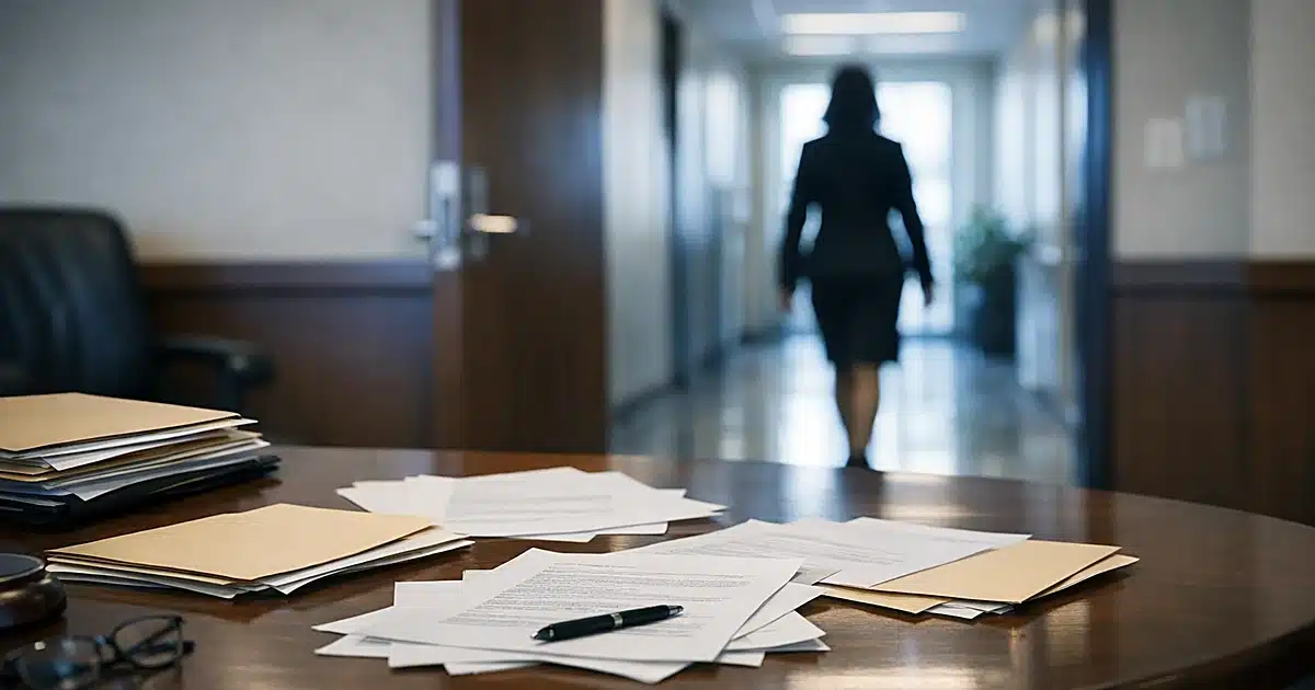 Government office with documents on table and silhouetted figure walking away through doorway
