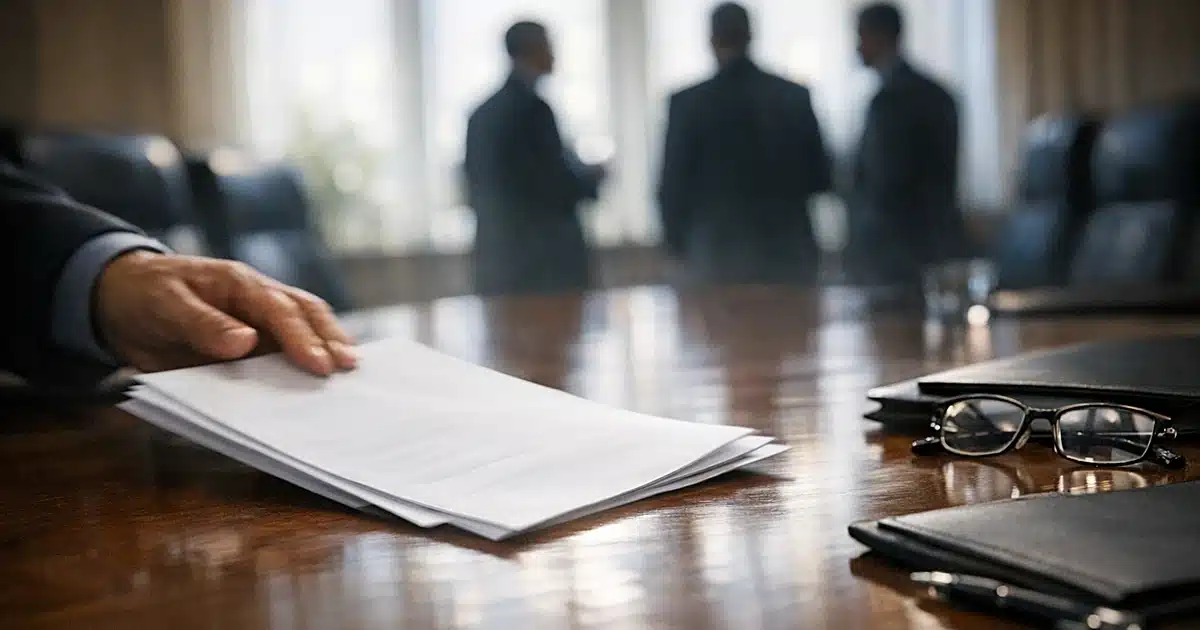 Budget document being pushed across conference table with silhouetted figures in background