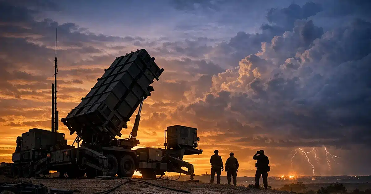 Patriot missile defense system positioned on terrain at dusk with radar array angled toward darkening sky