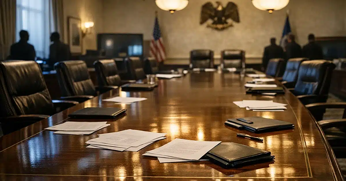 Federal Reserve boardroom with mahogany table, scattered documents, and leather chairs in natural daylight
