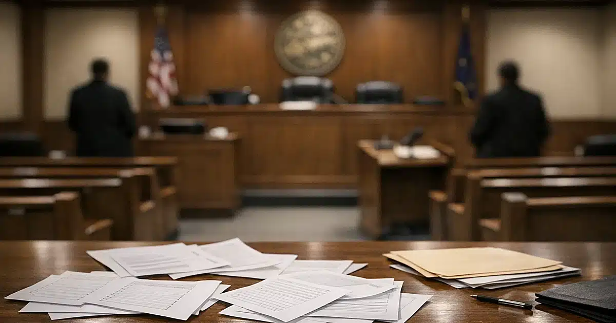Interior of Alaska courtroom with judge's bench, gallery seating, and scattered ballot papers on table in foreground