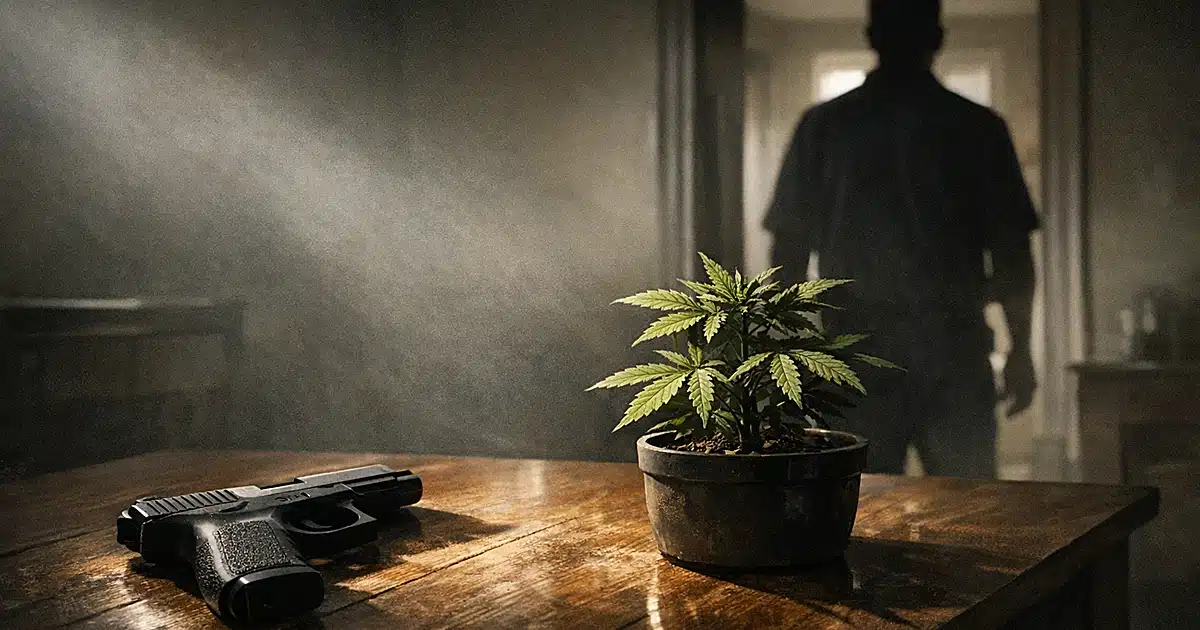 Handgun and marijuana plant on table in home interior with person silhouetted in doorway