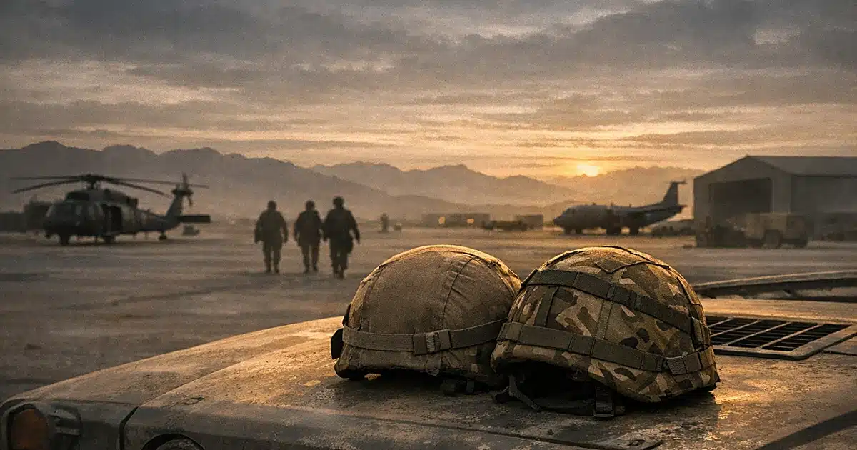 Two military helmets on vehicle hood at desert air base during dusk with silhouettes walking away in background