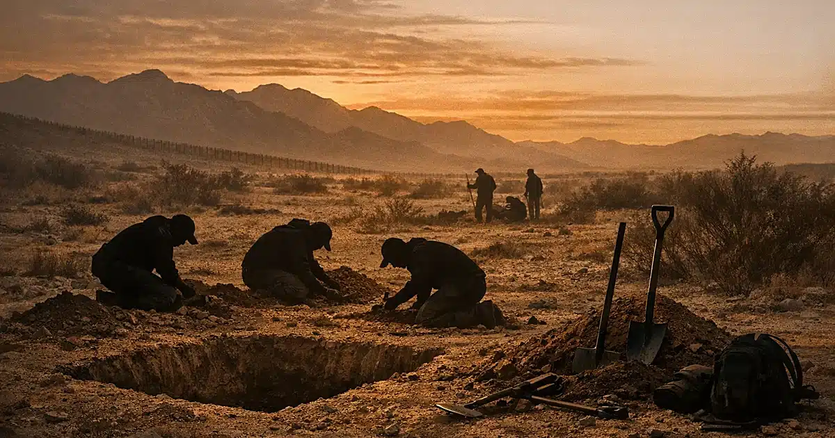 Silhouetted search volunteers at empty excavation sites in desert terrain near the Arizona-Mexico border at dusk