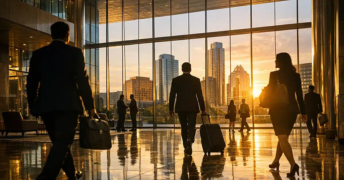 Modern corporate office tower lobby with silhouetted business professionals walking through sunlit glass atrium