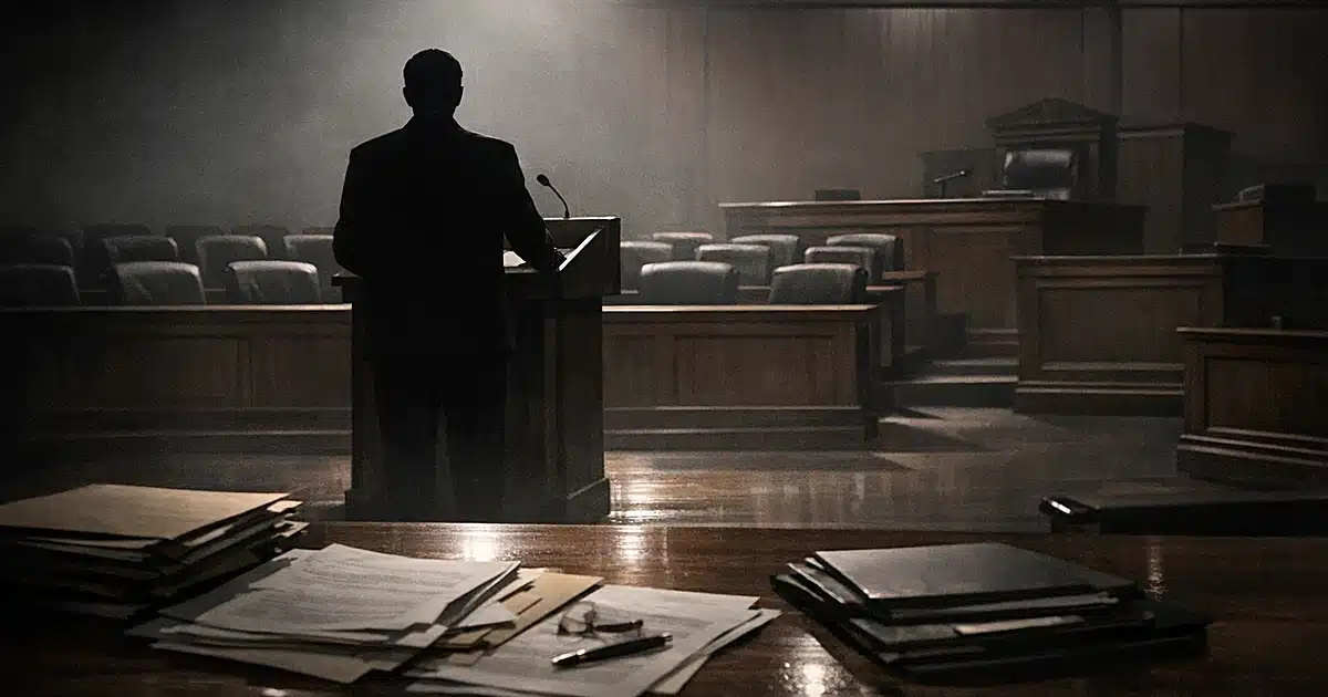 Silhouetted figure at podium in empty courtroom with scattered legal documents and dramatic shadows